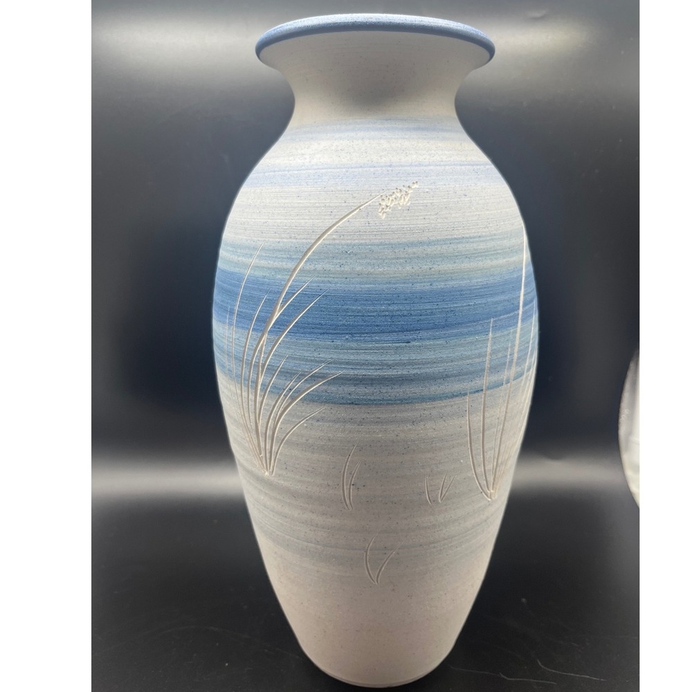 Blue White Ombre Studio Pottery Etched Handthrown Vase Wheat Floral Large signed